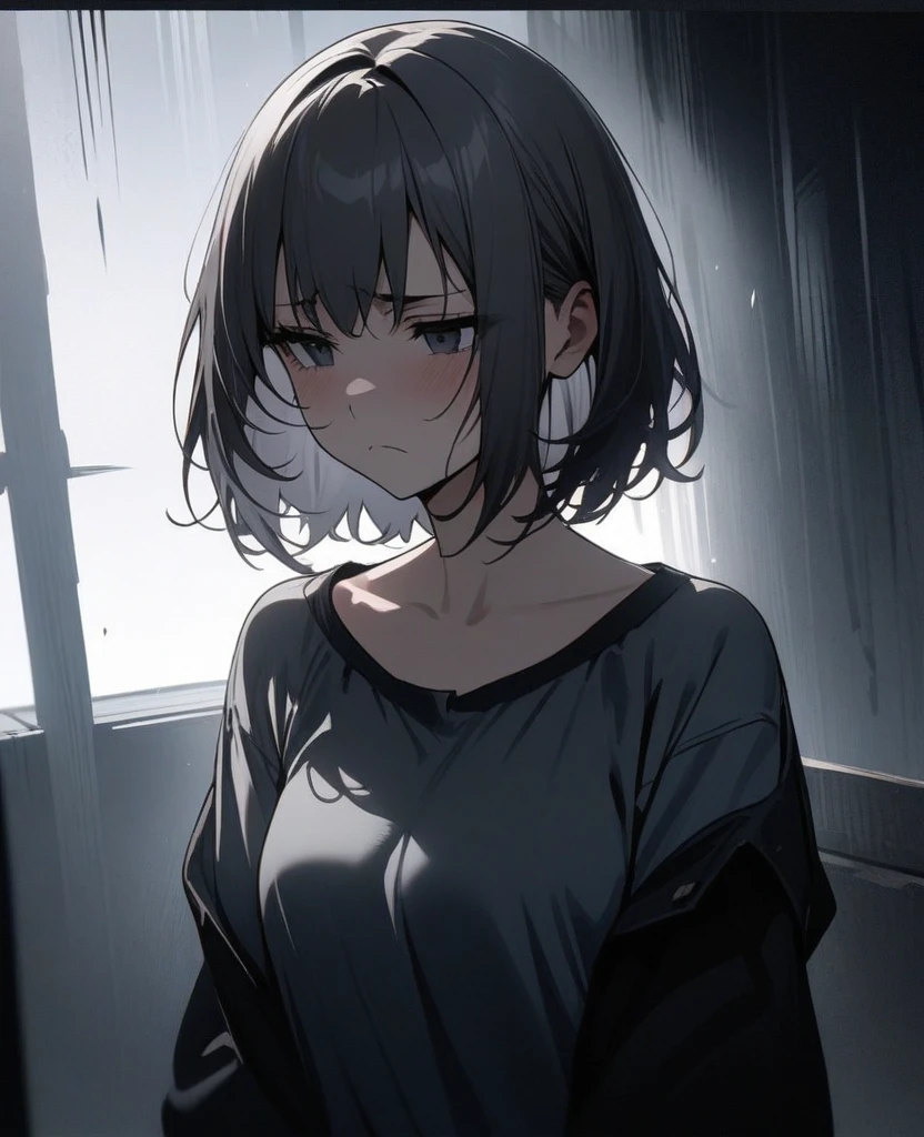 masterpiece, best quality, very aesthetic, absurd, up to date,1 Girl, (Melancholy，gloomy，Homegirl，Shadowed side,frown),
Dark grey hair, Multi-colored hair，short hair, #5: Parted Bangs，Cat ear，Cat girl，Orange pupils，Long hoodie