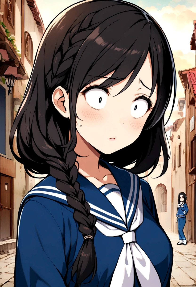 Long black hair、Braid、Sailor suit、Confused eyes、Lori