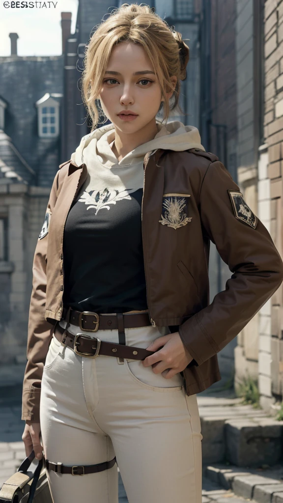 (bestquality,masterpiece), AnnieAOT, solo, hood, hoodie, paradis_military_uniform, jacket, uniform, tight clothes, emblem, feathers, upper body, thigh, hands on hip, emblem, belt, thigh strap, pants, white pants, standing, idle, looking at viewer
