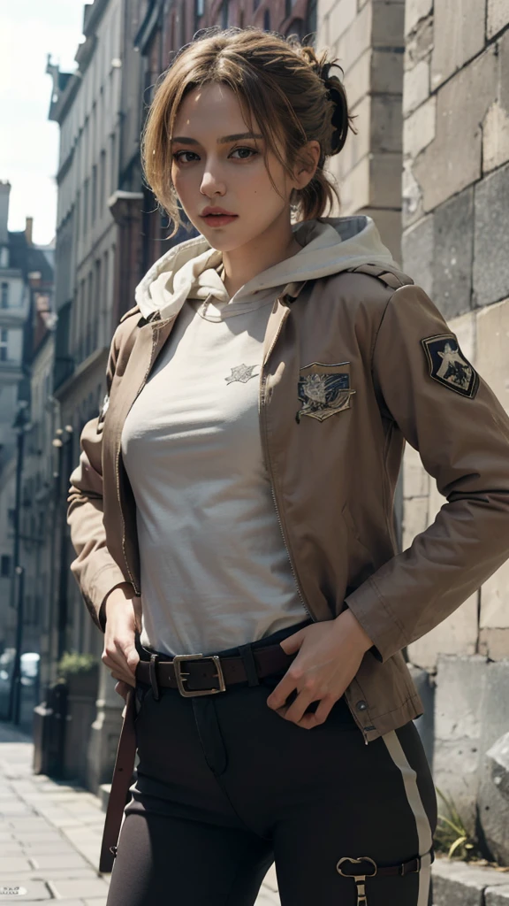 (bestquality,masterpiece), AnnieAOT, solo, hood, hoodie, paradis_military_uniform, jacket, uniform, tight clothes, emblem, feathers, upper body, thigh, hands on hip, emblem, belt, thigh strap, pants, white pants, standing, idle, looking at viewer