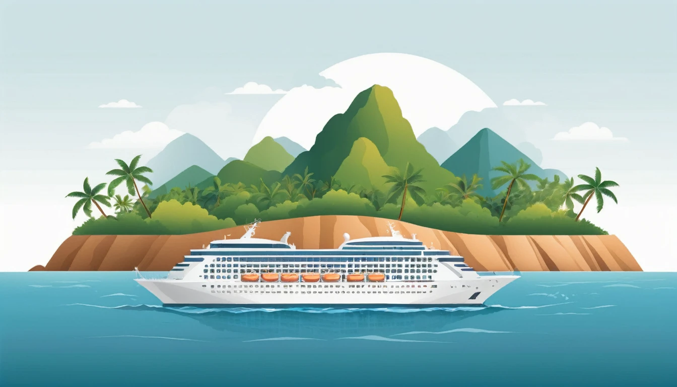 Cruise ship with island. Cruise ship in ocean with small tropical island illustration, vector art, white background