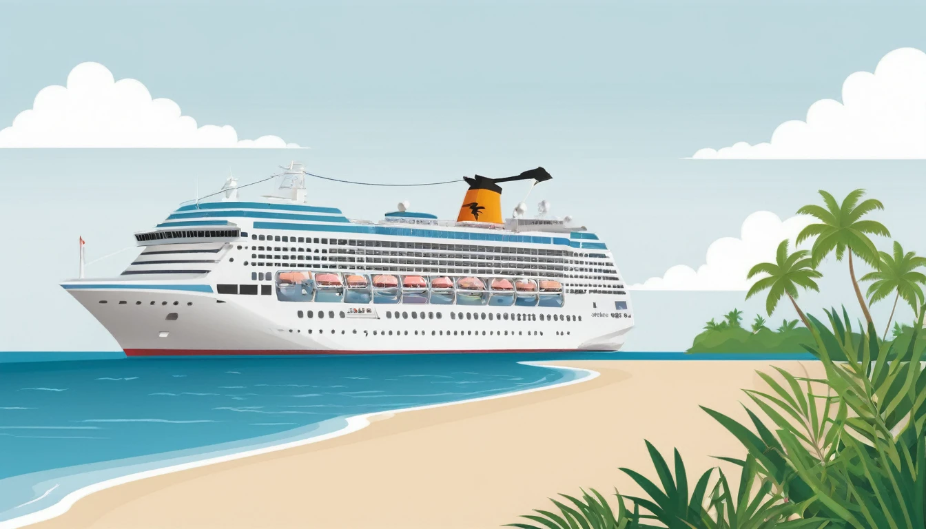 Cruise ship with island. Cruise ship in ocean with small tropical island illustration, vector art, white background