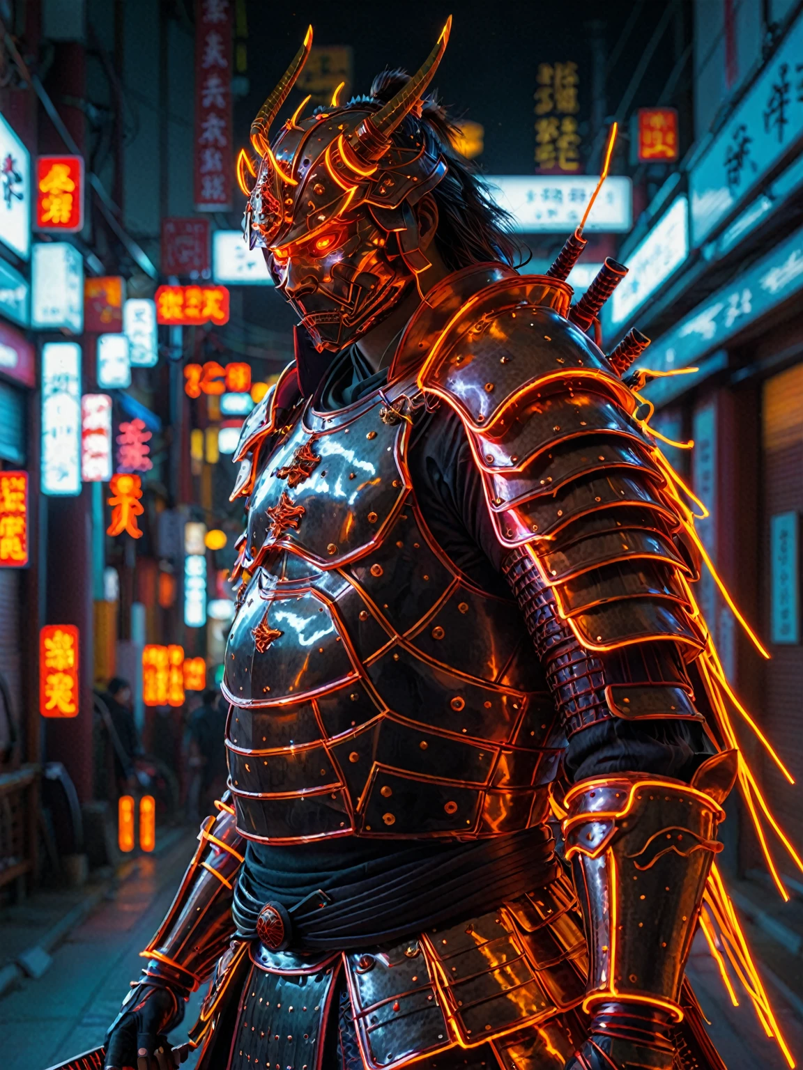 Glowing neon lights, Glowing Samurai emits sparks and electricity, Deep red and orange, Glowing eyes, Stills 