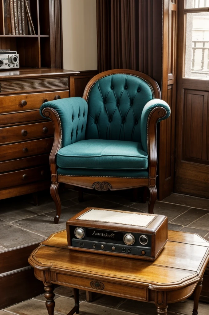 mostrar y un sillon antiguo con un radio antiguo a un lado del brazo del sillon