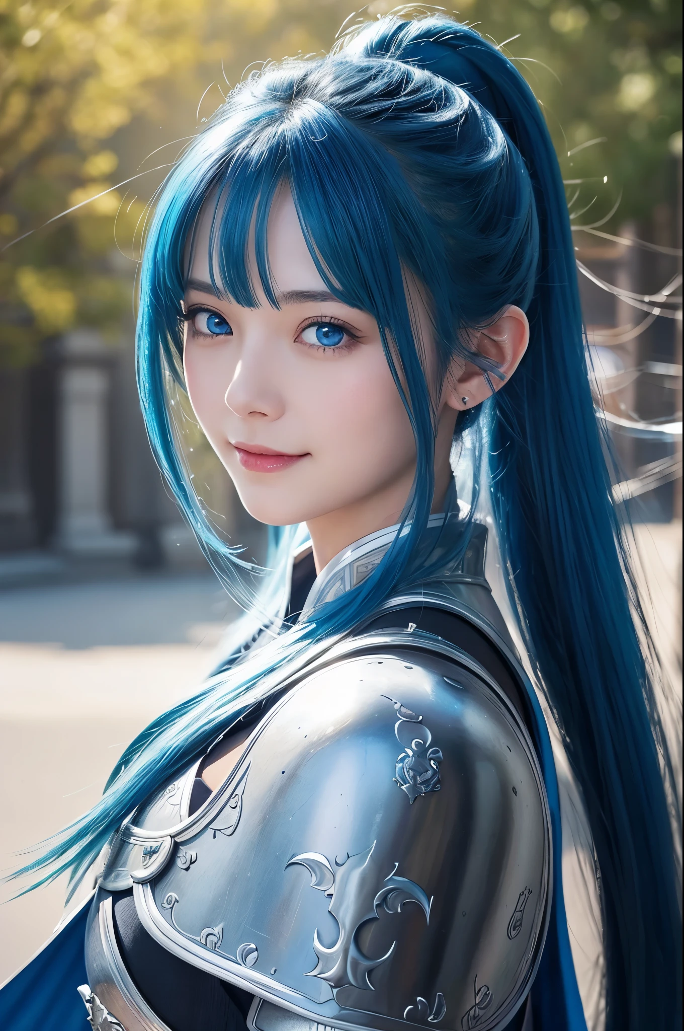 8k,Close-up of a woman in a blue and white dress、Draw your sword,Shiny blue hair, Super Beauty,(Like the real thing)blue eyes,An innocent smile.ponytail,Chengwei Pan at Art Station、 By Yang Jo、 Detailed fantasy art、Amazing character art、 Fan Art Best Art Station、 Gorgeous and detailed character art、 Beautiful Armor、Highly detailed art gems、 Detailed digital animation art、 Art Station pixiv&#39;s artgerm、 Girl in armor,Dynamic Angle,Ultra-high resolution,Laugh out loud,Realistic Skin,attractive,Sexy,Active,Rich colors, Backlight, Cinema Lighting, Film Grain, 50mm lens, Nikon D850,Ultra-high resolution,Ultra-realistic,compensate,Super sexy,Big eyes,Beautiful breasts,Dynamic pose,Big smile,