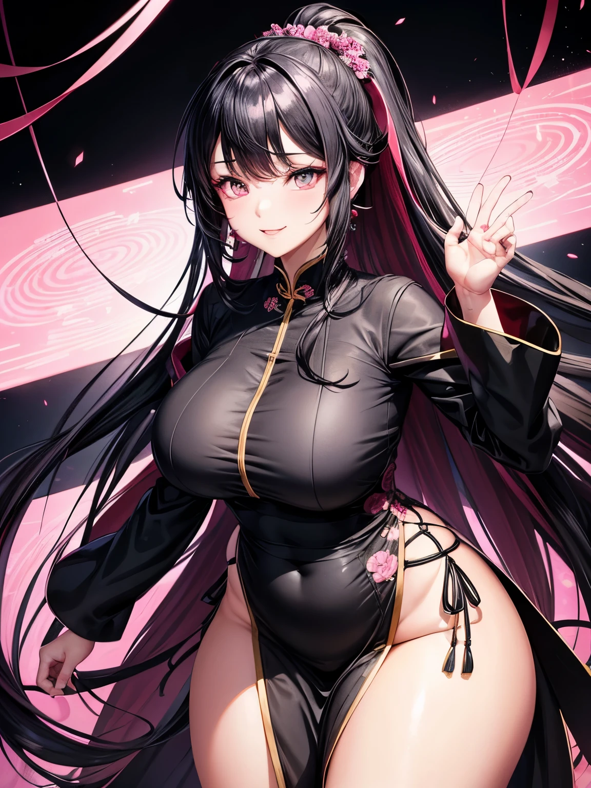 a 20 age chubby girl, your face has strong pink makeup, wearing a long black qipao, darkgolden eyes, beautiful detailed eyes, sensual pose, suggestive pose, evil smile, very long hair, lightred hair, long ponytail hair, light and transparent veil filling with charm and seduction, stunning beautiful artwork, maximalist, by artgerm, 8k anime artwork, 8k photo, trending on artstation. looking at the viewer, masterpiece, best quality