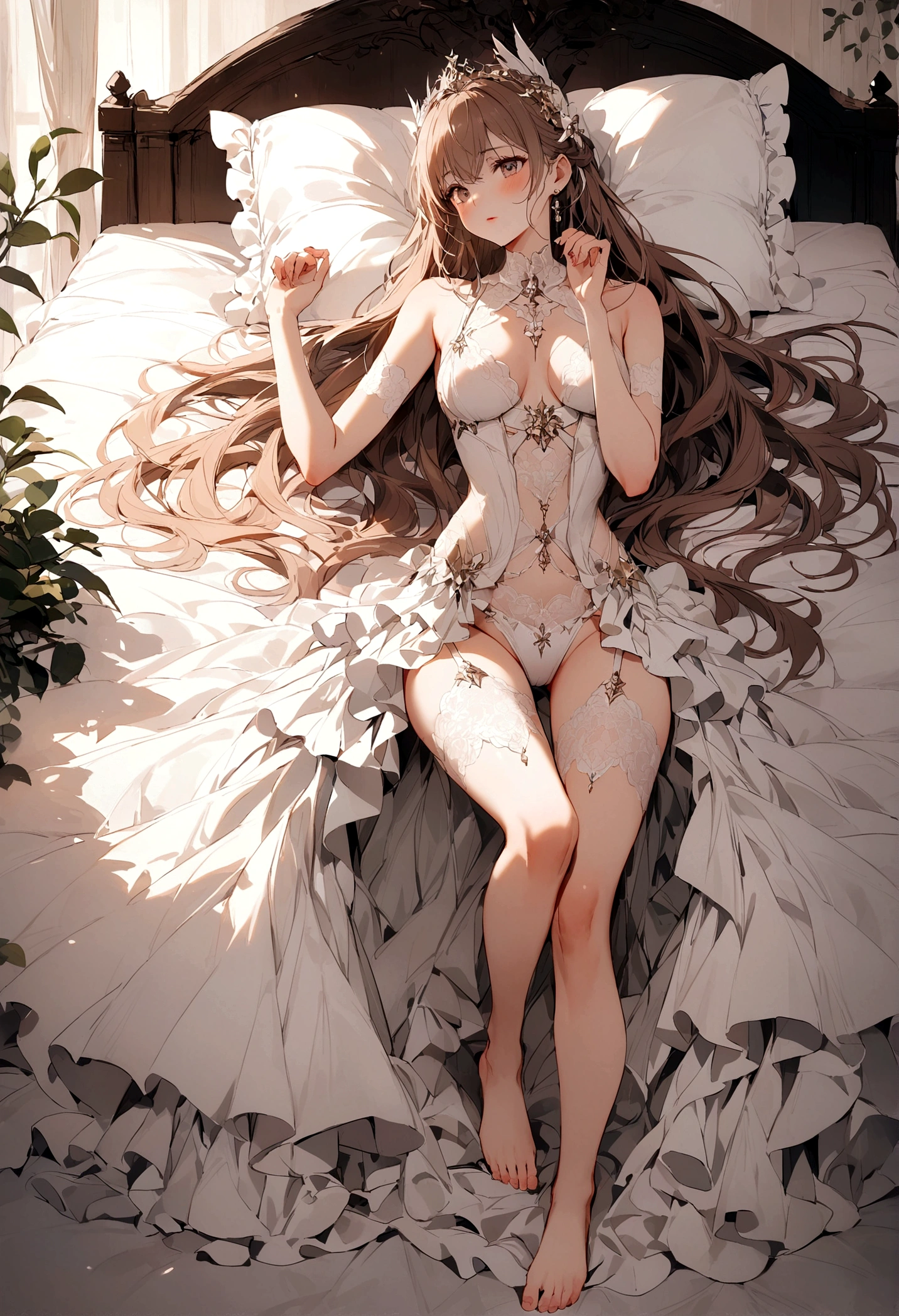 Lying in bed,whole body,Scandalous clothing,barefoot,Lace,White lingerie