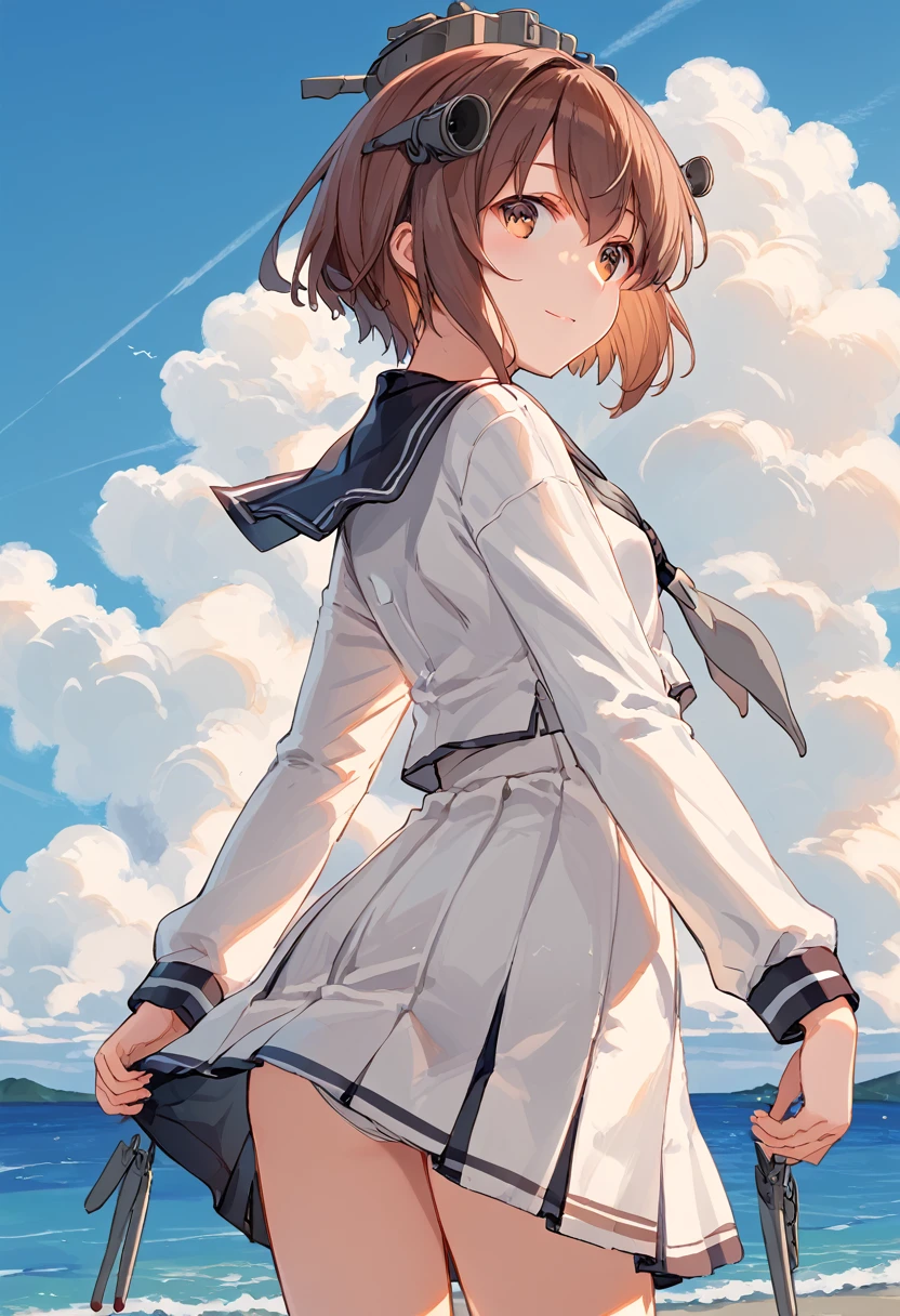 score_9,score_8_up,score_7_up,source_anime,cowboy shot,masterpiece,best quality,details background,extremely detailed,1girl,1girl,yukikaze (kancolle), brown hair, brown eyes,small breasts,short hair, sailor dress,dress,sailor collar,long sleeves,neckerchief,grey neckerchief,white dress,black sailor collar,day break,look back,sea