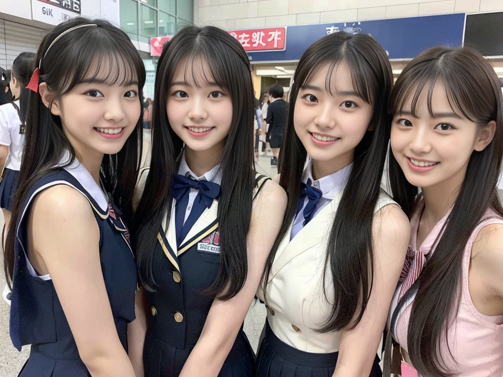 (A trio of super cute Korean high school girls take a photo together 1.2)(grin,Smile)(Beautiful Sweat:1.1)(16k, RAW Photos, Highest quality, masterpiece: 1.2),(Cute hairstyle with shiny black hair) Super detailed, Super Resolution, (Genuine, Genuine photos: 1.37), Portraiture, High-resolution RAW color photos, Professional photos, Very detailed, 8k wallpaper, Very detailed CG Unity 8k wallpaper, Very detailed beautiful girls, Very detailed faces, ((whole body)), beautiful woman, Huge breasts,(huge boobs:1.1) (Big Boobs:1.1), Beauty college student (A tight, girly, navy sleeveless  with ribbon.),high school girl, Korean Girls,(K-POP Female Idols), (Idol-class beauty)(Beautiful high school girl:1.1)(High school girls sightseeing in Tokyo)(18-year-old)(Stylish school uniform-style outfit:1.1)(Group photo of the school trip:1.3)NSFW