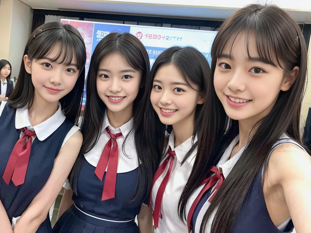 (A trio of super cute Korean high school girls take a photo together 1.2)(grin,Smile)(Beautiful Sweat:1.1)(16k, RAW Photos, Highest quality, masterpiece: 1.2),(Cute hairstyle with shiny black hair) Super detailed, Super Resolution, (Genuine, Genuine photos: 1.37), Portraiture, High-resolution RAW color photos, Professional photos, Very detailed, 8k wallpaper, Very detailed CG Unity 8k wallpaper, Very detailed beautiful girls, Very detailed faces, ((whole body)), beautiful woman, Huge breasts,(huge boobs:1.1) (Big Boobs:1.1), Beauty college student (A tight, girly, navy sleeveless  with ribbon.),high school girl, Korean Girls,(K-POP Female Idols), (Idol-class beauty)(Beautiful high school girl:1.1)(High school girls sightseeing in Tokyo)(18-year-old)(Stylish school uniform-style outfit:1.1)(Group photo of the school trip:1.3)NSFW