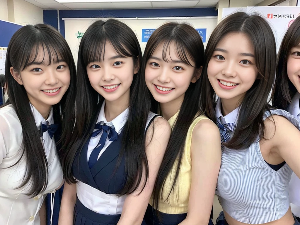 (A trio of super cute Korean high school girls take a photo together 1.2)(grin,Smile)(Beautiful Sweat:1.1)(16k, RAW Photos, Highest quality, masterpiece: 1.2),(Cute hairstyle with shiny black hair) Super detailed, Super Resolution, (Genuine, Genuine photos: 1.37), Portraiture, High-resolution RAW color photos, Professional photos, Very detailed, 8k wallpaper, Very detailed CG Unity 8k wallpaper, Very detailed beautiful girls, Very detailed faces, ((whole body)), beautiful woman, Huge breasts,(huge boobs:1.1) (Big Boobs:1.1), Beauty college student (A tight, girly, navy sleeveless  with ribbon.),high school girl, Korean Girls,(K-POP Female Idols), (Idol-class beauty)(Beautiful high school girl:1.1)(High school girls sightseeing in Tokyo)(18-year-old)(Stylish school uniform-style outfit:1.1)(Group photo of the school trip:1.3)NSFW