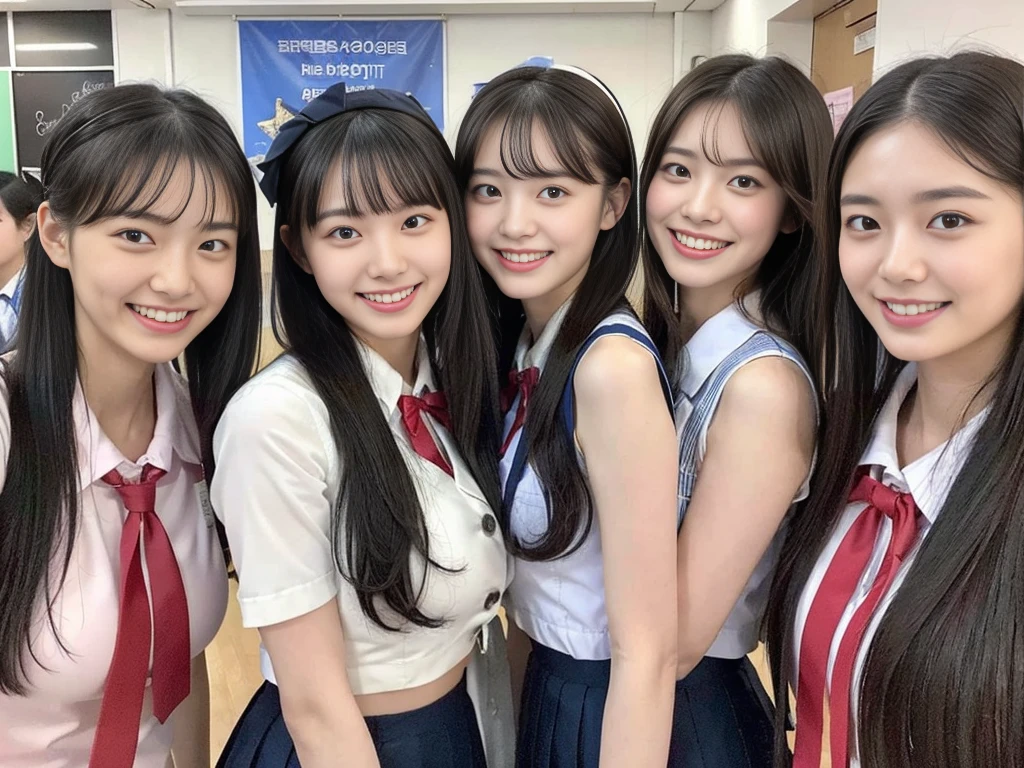 (A trio of super cute Korean high school girls take a photo together 1.2)(grin,Smile)(Beautiful Sweat:1.1)(16k, RAW Photos, Highest quality, masterpiece: 1.2),(Cute hairstyle with shiny black hair) Super detailed, Super Resolution, (Genuine, Genuine photos: 1.37), Portraiture, High-resolution RAW color photos, Professional photos, Very detailed, 8k wallpaper, Very detailed CG Unity 8k wallpaper, Very detailed beautiful girls, Very detailed faces, ((whole body)), beautiful woman, Huge breasts,(huge boobs:1.1) (Big Boobs:1.1), Beauty college student (A tight, girly, navy sleeveless  with ribbon.),high school girl, Korean Girls,(K-POP Female Idols), (Idol-class beauty)(Beautiful high school girl:1.1)(High school girls sightseeing in Tokyo)(18-year-old)(Stylish school uniform-style outfit:1.1)(Group photo of the school trip:1.3)NSFW