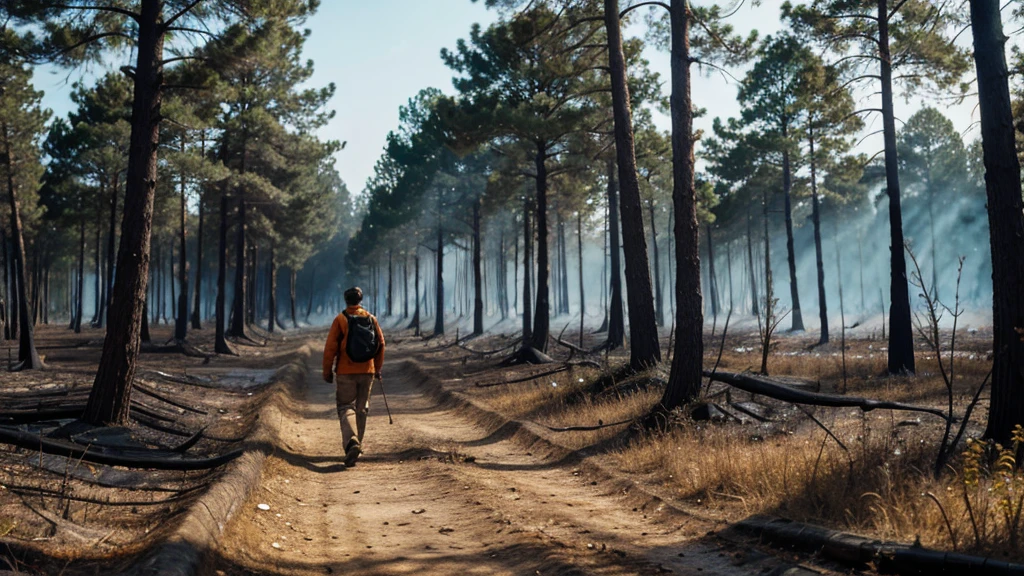 Man walking in a burning forest