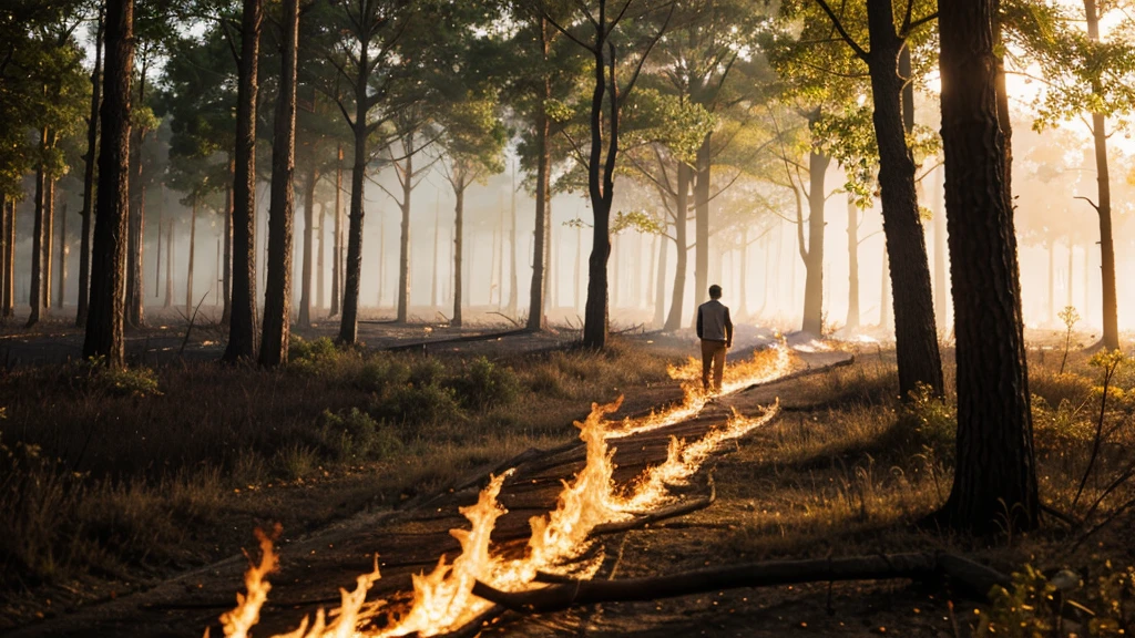 Man walking in a burning forest