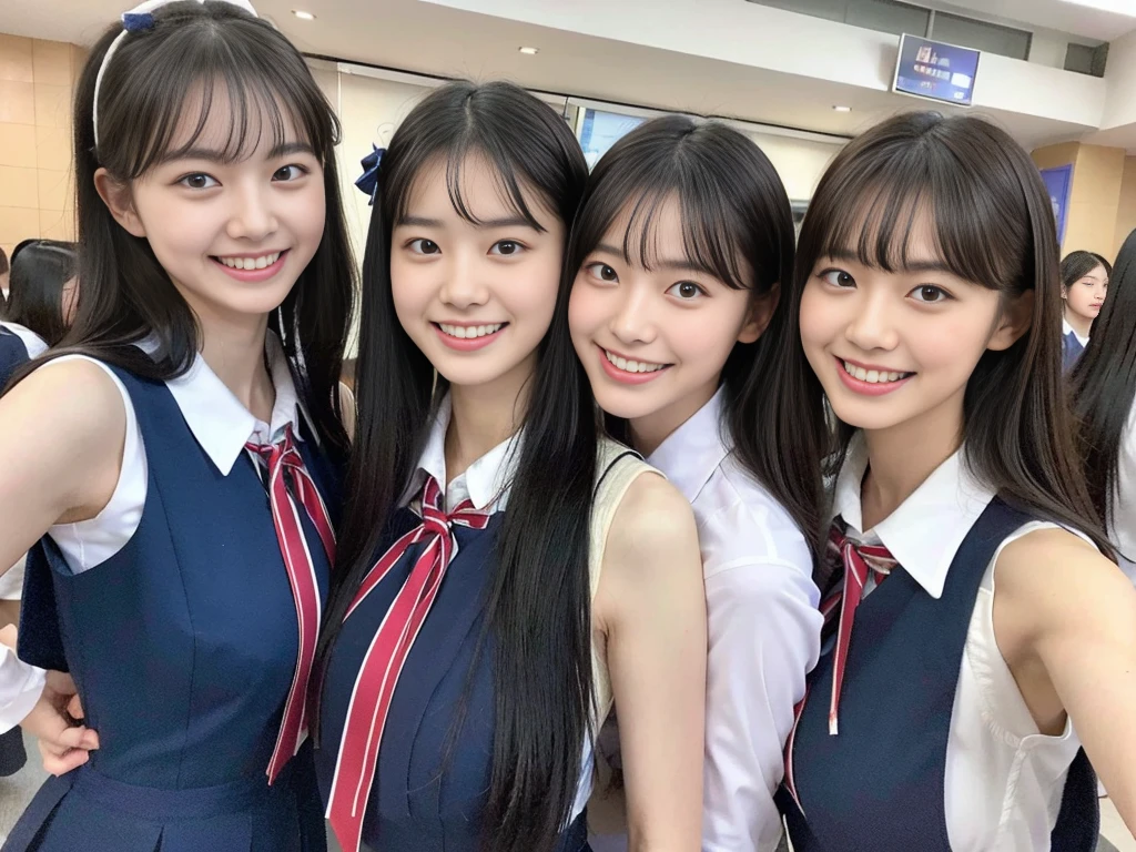 (A trio of super cute Korean high school girls take a photo together 1.2)(grin,Smile)(Beautiful Sweat:1.1)(16k, RAW Photos, Highest quality, masterpiece: 1.2),(Cute hairstyle with shiny black hair) Super detailed, Super Resolution, (Genuine, Genuine photos: 1.37), Portraiture, High-resolution RAW color photos, Professional photos, Very detailed, 8k wallpaper, Very detailed CG Unity 8k wallpaper, Very detailed beautiful girls, Very detailed faces, ((whole body)), beautiful woman, Huge breasts,(huge boobs:1.1) (Big Boobs:1.1), Beauty college student (A tight, girly, navy sleeveless  with ribbon.),high school girl, Korean Girls,(K-POP Female Idols), (Idol-class beauty)(Beautiful high school girl:1.1)(High school girls sightseeing in Tokyo)(18-year-old)(Stylish school uniform-style outfit:1.1)(Group photo of the school trip:1.3)NSFW