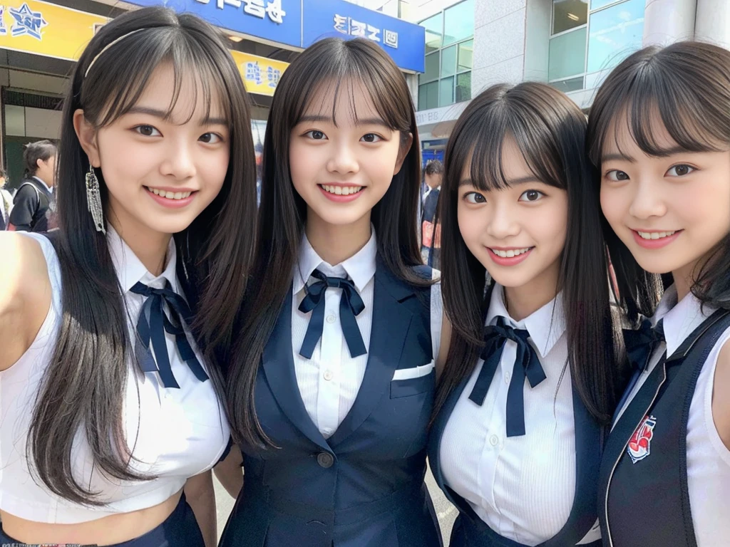 (A trio of super cute Korean high school girls take a photo together 1.2)(grin,Smile)(Beautiful Sweat:1.1)(16k, RAW Photos, Highest quality, masterpiece: 1.2),(Cute hairstyle with shiny black hair) Super detailed, Super Resolution, (Genuine, Genuine photos: 1.37), Portraiture, High-resolution RAW color photos, Professional photos, Very detailed, 8k wallpaper, Very detailed CG Unity 8k wallpaper, Very detailed beautiful girls, Very detailed faces, ((whole body)), beautiful woman, Huge breasts,(huge boobs:1.1) (Big Boobs:1.1), Beauty college student (A tight, girly, navy sleeveless  with ribbon.),high school girl, Korean Girls,(K-POP Female Idols), (Idol-class beauty)(Beautiful high school girl:1.1)(High school girls sightseeing in Tokyo)(18-year-old)(Stylish school uniform-style outfit:1.1)(Group photo of the school trip:1.3)NSFW