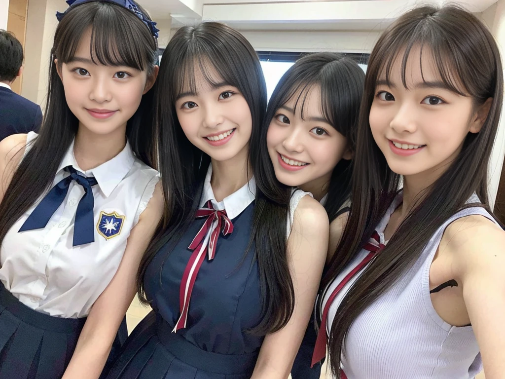 (A trio of super cute Korean high school girls take a photo together 1.2)(grin,Smile)(Beautiful Sweat:1.1)(16k, RAW Photos, Highest quality, masterpiece: 1.2),(Cute hairstyle with shiny black hair) Super detailed, Super Resolution, (Genuine, Genuine photos: 1.37), Portraiture, High-resolution RAW color photos, Professional photos, Very detailed, 8k wallpaper, Very detailed CG Unity 8k wallpaper, Very detailed beautiful girls, Very detailed faces, ((whole body)), beautiful woman, Huge breasts,(huge boobs:1.1) (Big Boobs:1.1), Beauty college student (A tight, girly, navy sleeveless  with ribbon.),high school girl, Korean Girls,(K-POP Female Idols), (Idol-class beauty)(Beautiful high school girl:1.1)(High school girls sightseeing in Tokyo)(18-year-old)(Stylish school uniform-style outfit:1.1)(Group photo of the school trip:1.3)NSFW