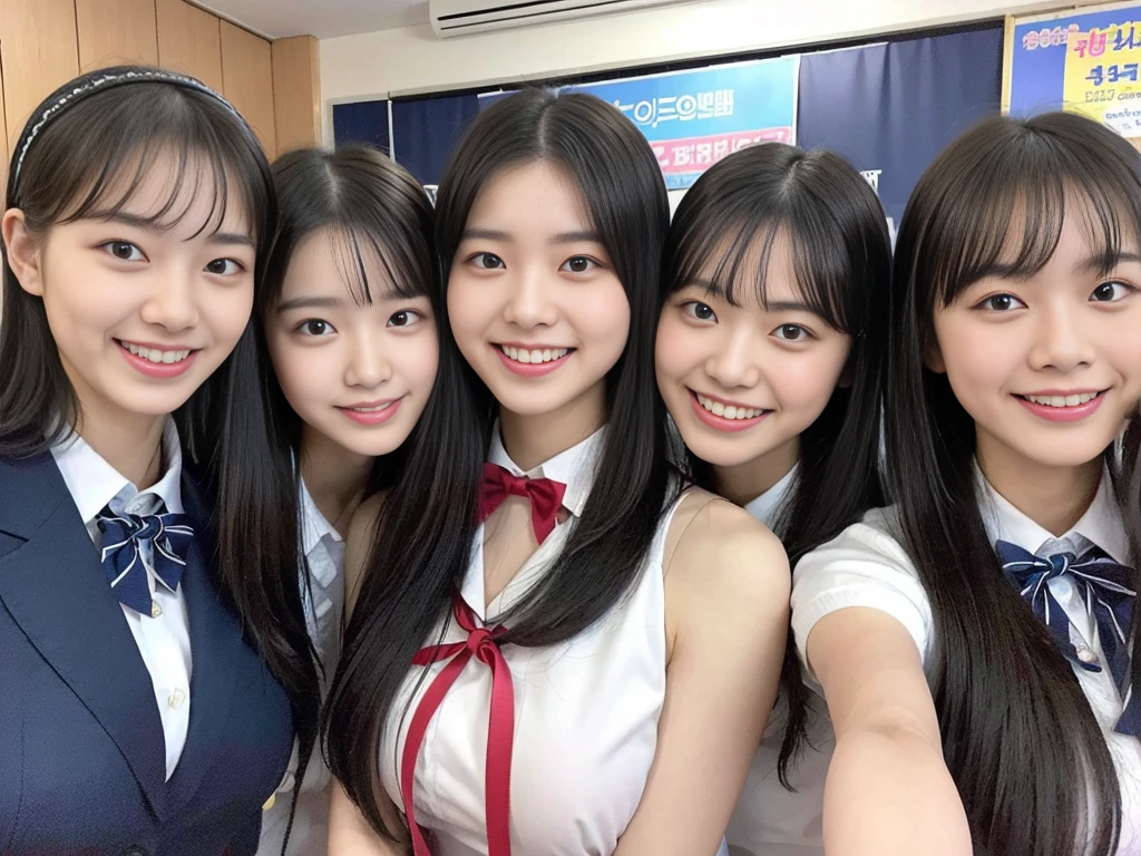 (A trio of super cute Korean high school girls take a photo together 1.2)(grin,Smile)(Beautiful Sweat:1.1)(16k, RAW Photos, Highest quality, masterpiece: 1.2),(Cute hairstyle with shiny black hair) Super detailed, Super Resolution, (Genuine, Genuine photos: 1.37), Portraiture, High-resolution RAW color photos, Professional photos, Very detailed, 8k wallpaper, Very detailed CG Unity 8k wallpaper, Very detailed beautiful girls, Very detailed faces, ((whole body)), beautiful woman, Huge breasts,(huge boobs:1.1) (Big Boobs:1.1), Beauty college student (A tight, girly, navy sleeveless  with ribbon.),high school girl, Korean Girls,(K-POP Female Idols), (Idol-class beauty)(Beautiful high school girl:1.1)(High school girls sightseeing in Tokyo)(18-year-old)(Stylish school uniform-style outfit:1.1)(Group photo of the school trip:1.3)NSFW