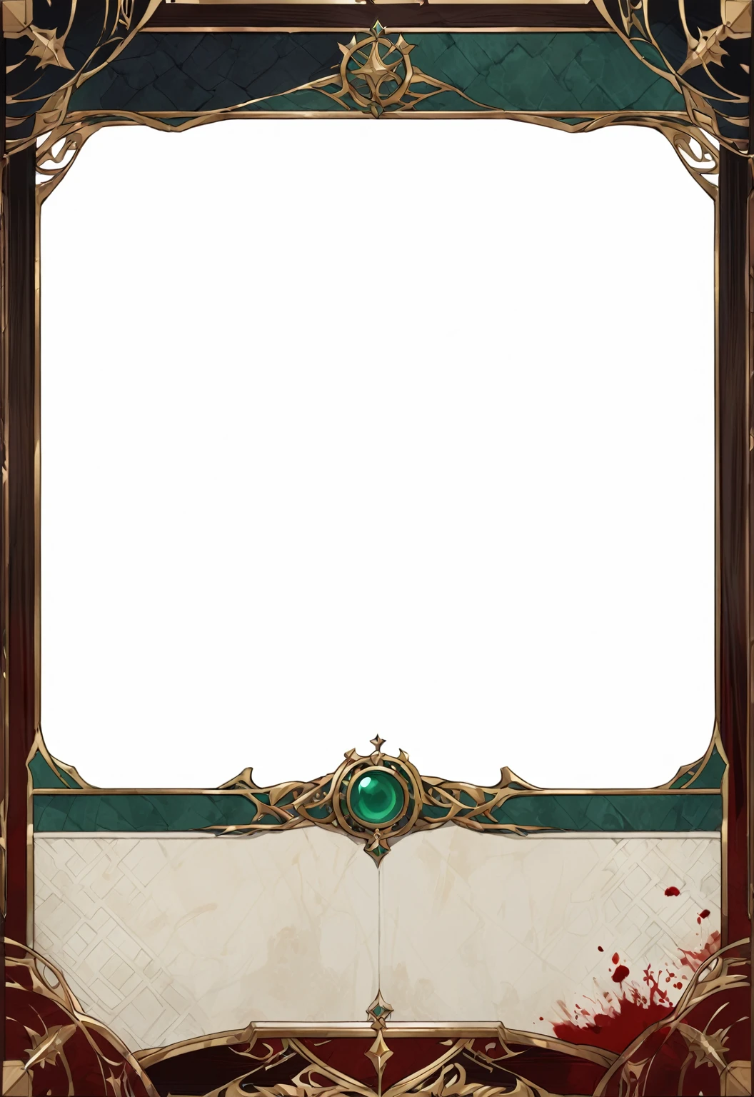 A card border UI,Medieval European aristocracy design,Noble and elegant dark style,There are blood stains on the parchment backing.。red、green、Brown dominant tone。