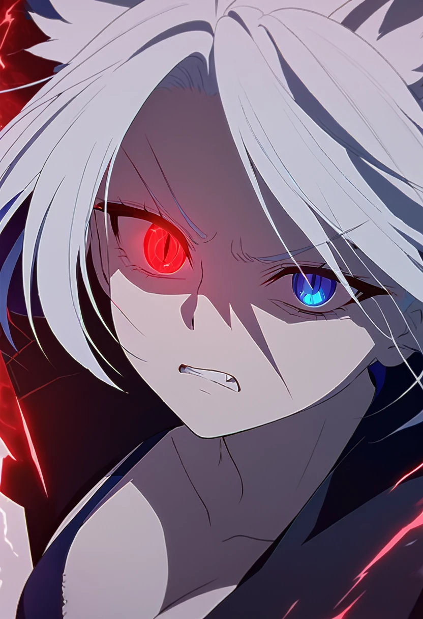 a beautiful blue and black kitsune, detailed portrait, intricate details, elegant, sensual, 1girl, long white hair, long white tail, heterochromia(one blue eye,one red eye), bra negro attacking pose, eyes, surrounded by blue energy, one eye glowing intensely, behind her would be a huge dark red energy ball, serious and fierce expression, standing with a large katana behind her surrounded by red and blue lightning, detailed eyes and face,longeyelashes,vivid colors, anime style