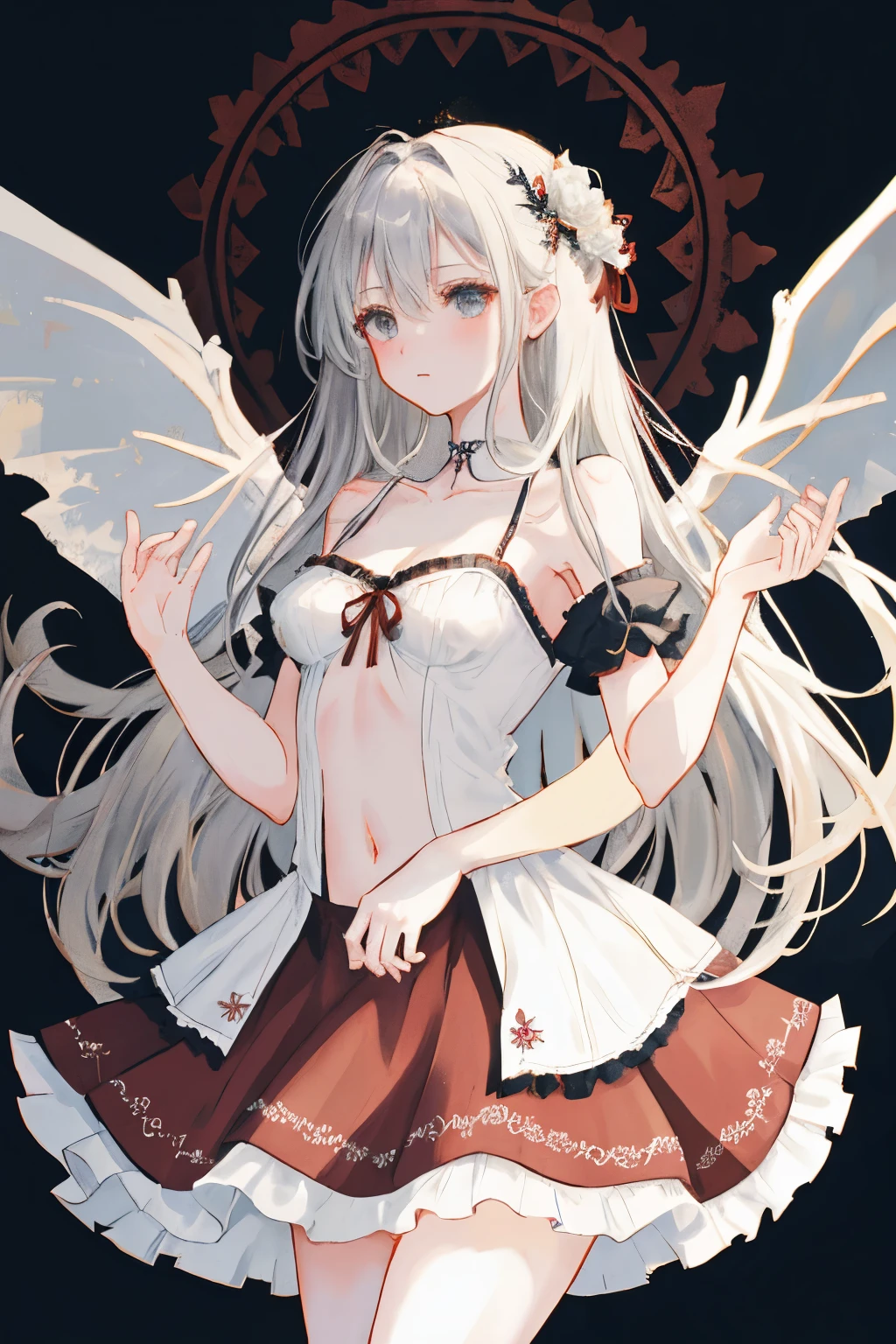  ((best quality)), ((masterpiece)), (detailed), 1girl, Character design, female, dynamic poses, long white grey hair, grey white eyes, very skinny, detailed, best quality, no accesoires around the neck, no shoes, prominent collarbones, skinny arms, flat stomach, visible hip bones, full body, blank white background, plain background, white background, red and white clothing, Bloodborne inspired, occult aesthetic, occult, detailed and intricate steampunk and detailed gothic, NSFW, Very dramatic and cinematic lighting, cosmic horror, grim-dark, side-lighting, perfect face, NSFW, Fluttering lace flared long knee length dress with frilly petticoats, knee length dress, pleated petticoats, petticoats gothic, complex lace boots, side-lighting, gothic aesthetic, wielding a mighty sword with mechanical components, mandalas, small breasts, a fairy, various different types of insect wings, NSFW, full body, whole body, body, plain background, white background, blank background, no background, white background NSFW, chains, full body, whole body, head-to-toe NSFW 