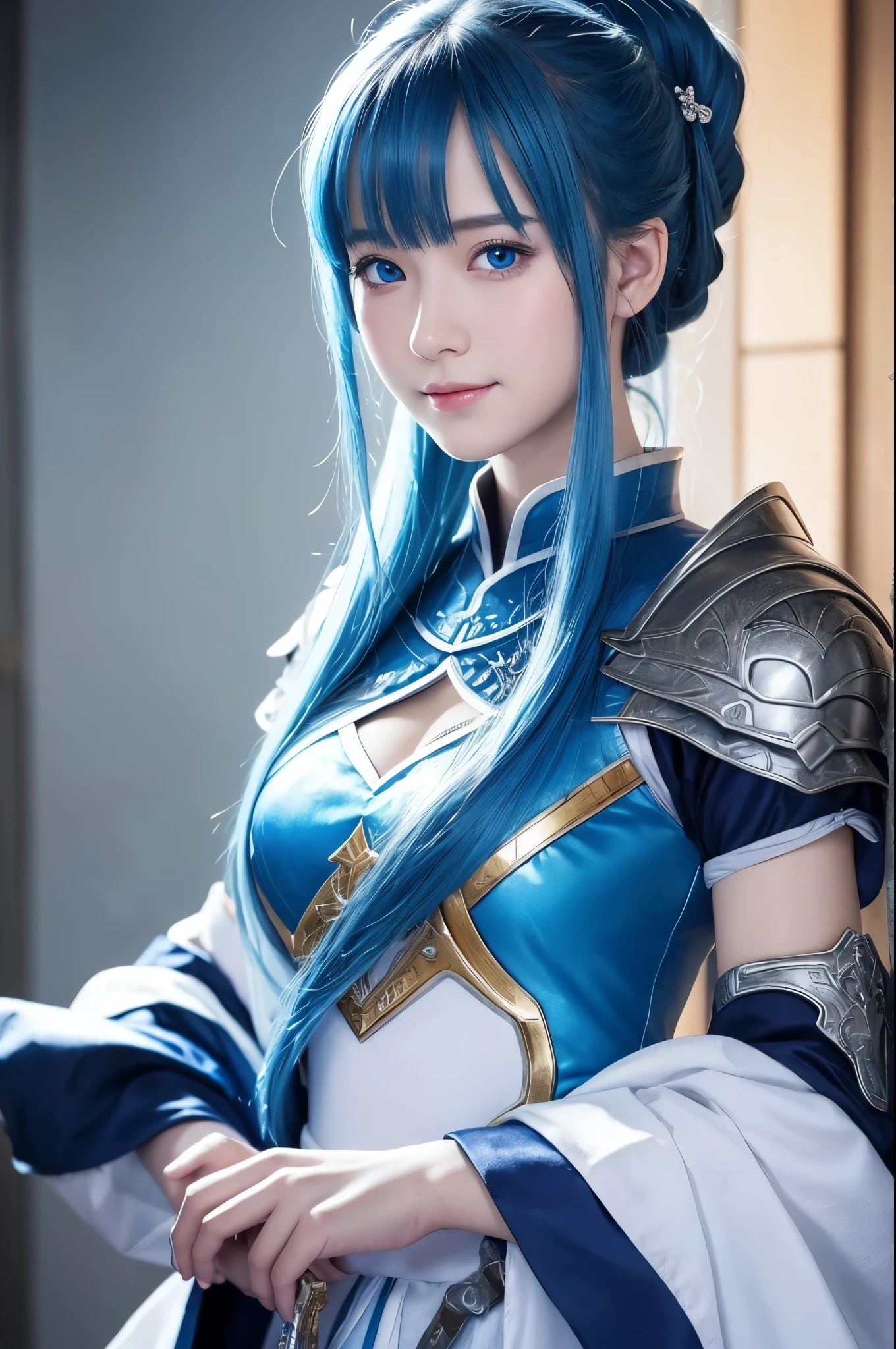 8k,Close-up of a woman in a blue and white dress、Draw your sword,Shiny blue hair, Super Beauty,(Like the real thing)blue eyes,An innocent smile.ponytail,Chengwei Pan at Art Station、 By Yang Jo、 Detailed fantasy art、Amazing character art、 Fan Art Best Art Station、 Gorgeous and detailed character art、 Beautiful Armor、Highly detailed art gems、 Detailed digital animation art、 Art Station pixiv&#39;s artgerm、 Girl in armor,Dynamic Angle,Ultra-high resolution,Laugh out loud,Realistic Skin,attractive,Sexy,Active,Rich colors, Backlight, Cinema Lighting, Film Grain, 50mm lens, Nikon D850,Ultra-high resolution,Ultra-realistic,compensate,Super sexy,Big eyes,Beautiful breasts,Dynamic pose,Big smile,