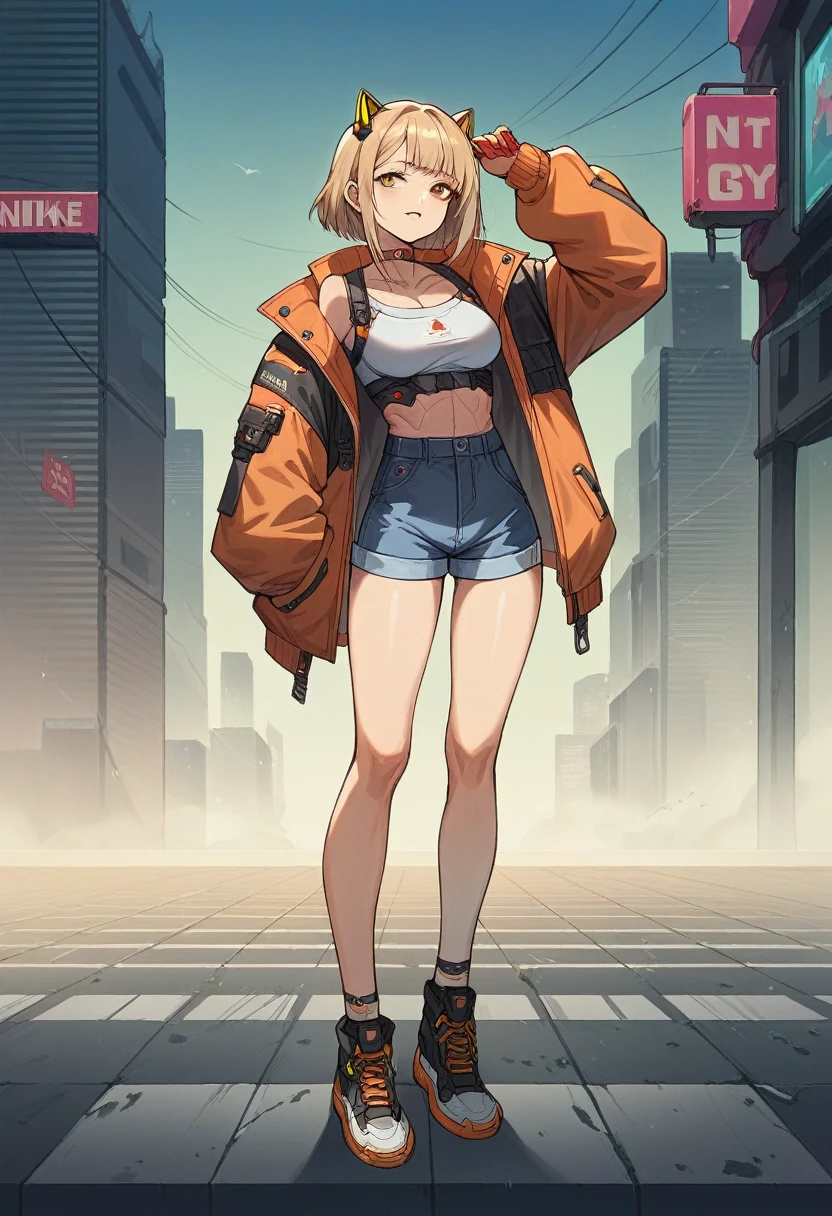 score_9, score_8_up, score_7_up, source_anime, 1 beautyful woman, Anis from Nikke, cyberpunk city background, full body