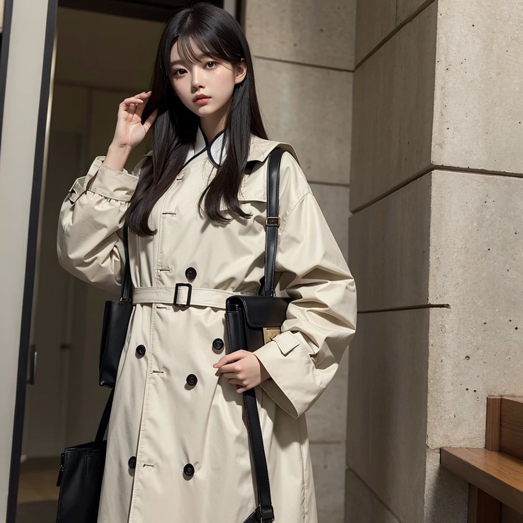 Beautiful chinese girl, wearing cryptic trench, carrying a bag on her shoulder