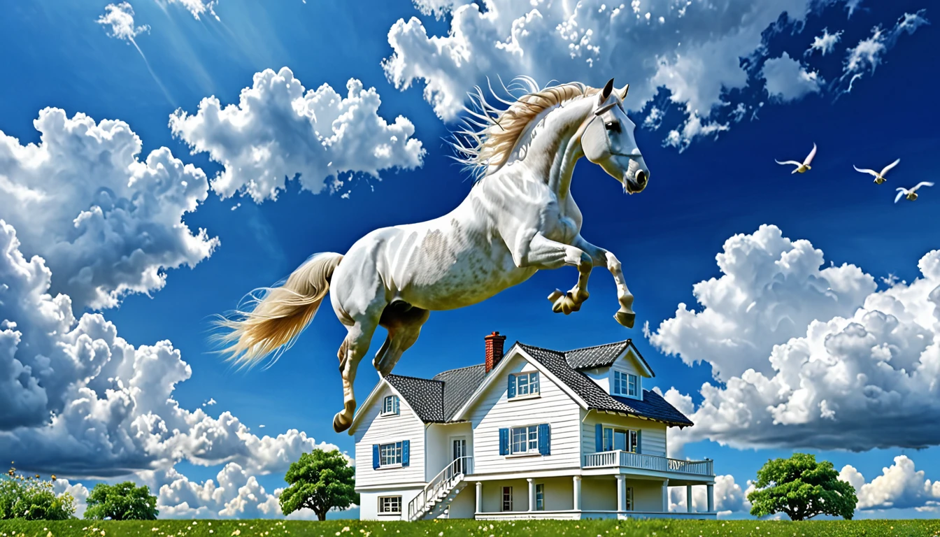 a horse flying in the sky, many clouds present, blue clouds, a white colour house, beautiful and attractive environment, HD, hyperrealistic, 3d, detailed