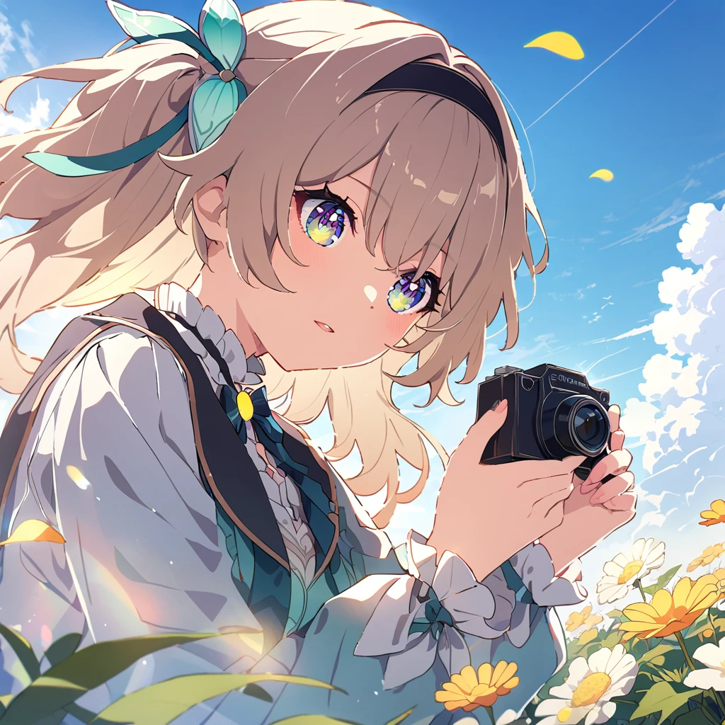 firefly \(honkai: star rail\):1.5), extremely pretty teen girl, truly lovely face, wavy glittering brown hair, ponytail, hair ribbons, brilliant topaz eyes, glossy lips, shiny skin, slender body, wearing well designed girly frilled dress, girly cardigan, holding a retro camera, squatting down and shooting photos of flowers, outdoor, marvelous botanical gagrden, grassy field, various kinds of flowers, full bloom, flowing petals, colorful view, sunny day, transparent blue sky, white clouds, glittering sun shine, breeze, {(masterpiece, best quality), (absurdres absolutely resolution), (8k), (detailed illustration), (super fine illustration), (vibrant colors), (professional lighting), detailed beatiful face, detailed beatiful eyes, detailed beatiful hair, nice hands, perfect hands, detailed background, cinematic angle, dynamic angle, dynamic pose, distant view, (looking away:1.4)},AddXL,shine colorful,