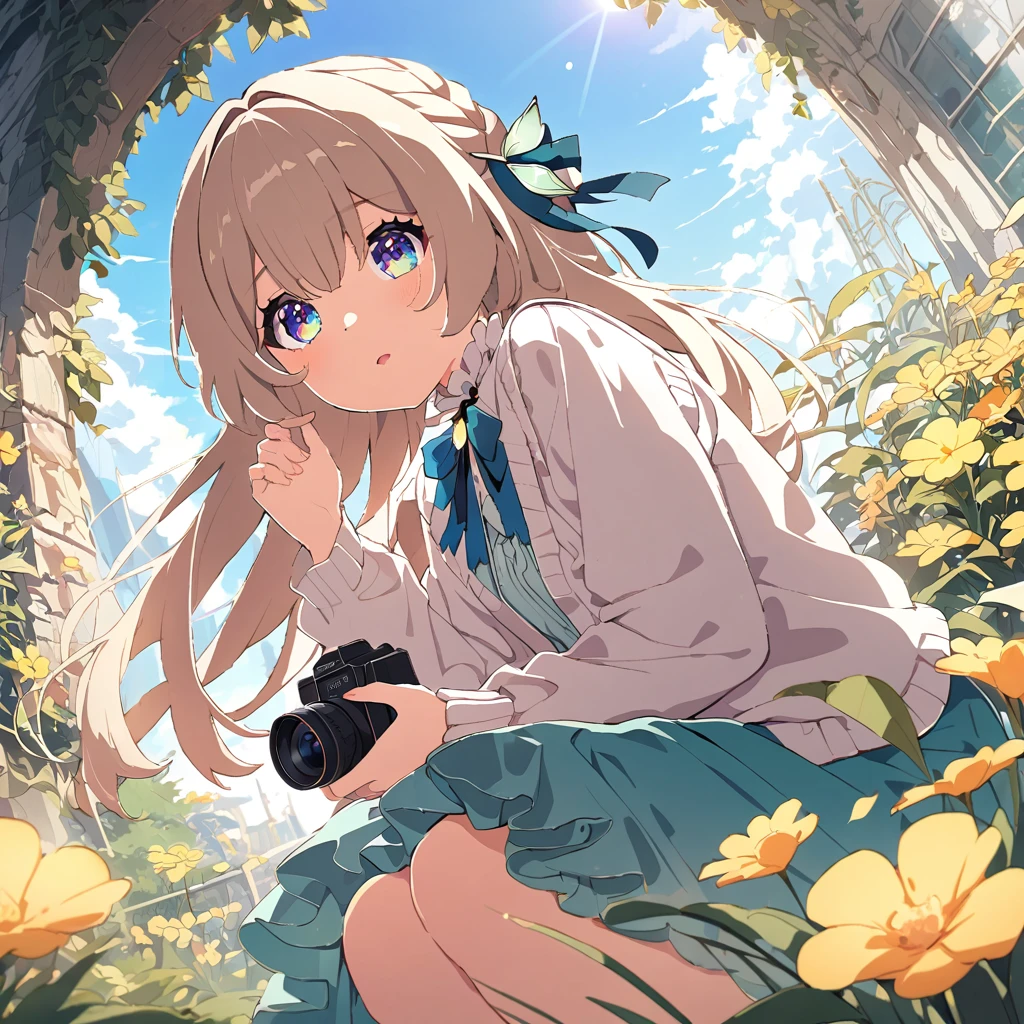 firefly \(honkai: star rail\):1.5), extremely pretty teen girl, truly lovely face, wavy glittering brown hair, ponytail, hair ribbons, brilliant topaz eyes, glossy lips, shiny skin, slender body, wearing well designed girly frilled dress, girly cardigan, holding a retro camera, squatting down and shooting photos of flowers, outdoor, marvelous botanical gagrden, grassy field, various kinds of flowers, full bloom, flowing petals, colorful view, sunny day, transparent blue sky, white clouds, glittering sun shine, breeze, {(masterpiece, best quality), (absurdres absolutely resolution), (8k), (detailed illustration), (super fine illustration), (vibrant colors), (professional lighting), detailed beatiful face, detailed beatiful eyes, detailed beatiful hair, nice hands, perfect hands, detailed background, cinematic angle, dynamic angle, dynamic pose, distant view, (looking away:1.4)},AddXL,shine colorful, 