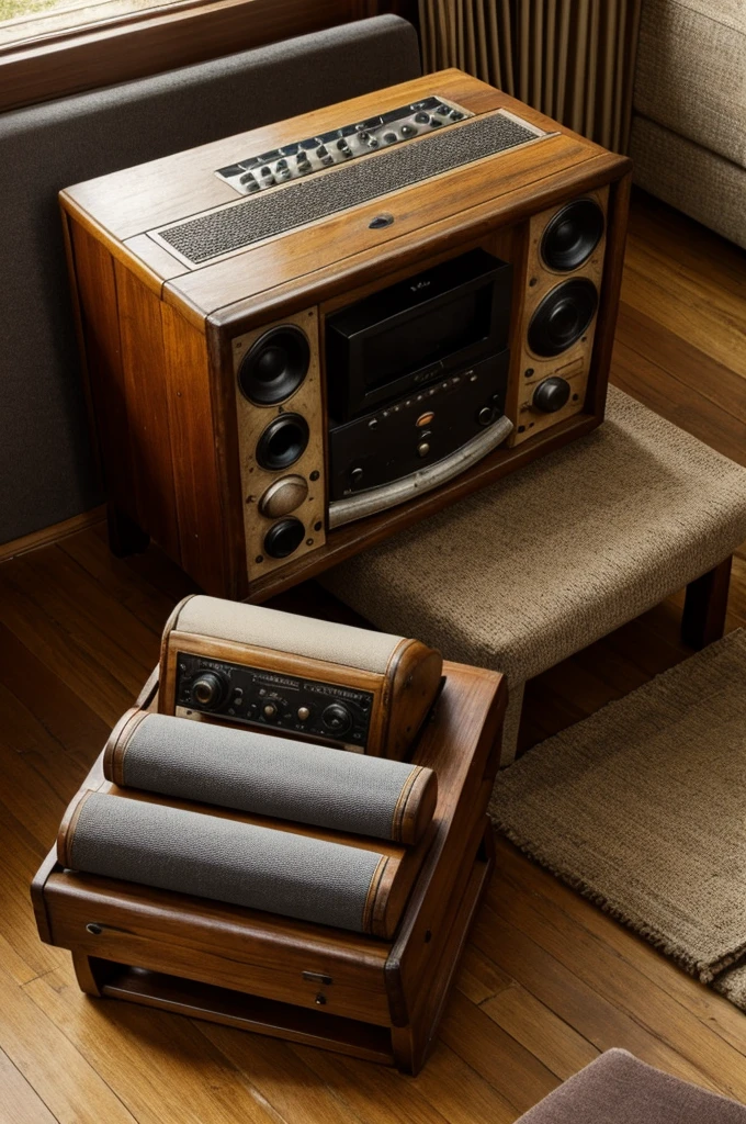 mostrar  y un sillon antiguo con un radio antiguo a un lado del brazo del sillon 