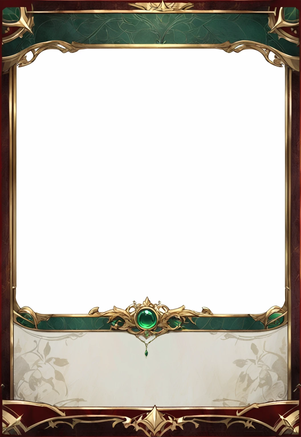 A card border UI,Medieval European aristocracy design,Noble and elegant dark style,There are blood stains on the parchment backing.。Deep Red、Emerald Green、Gold main tone。