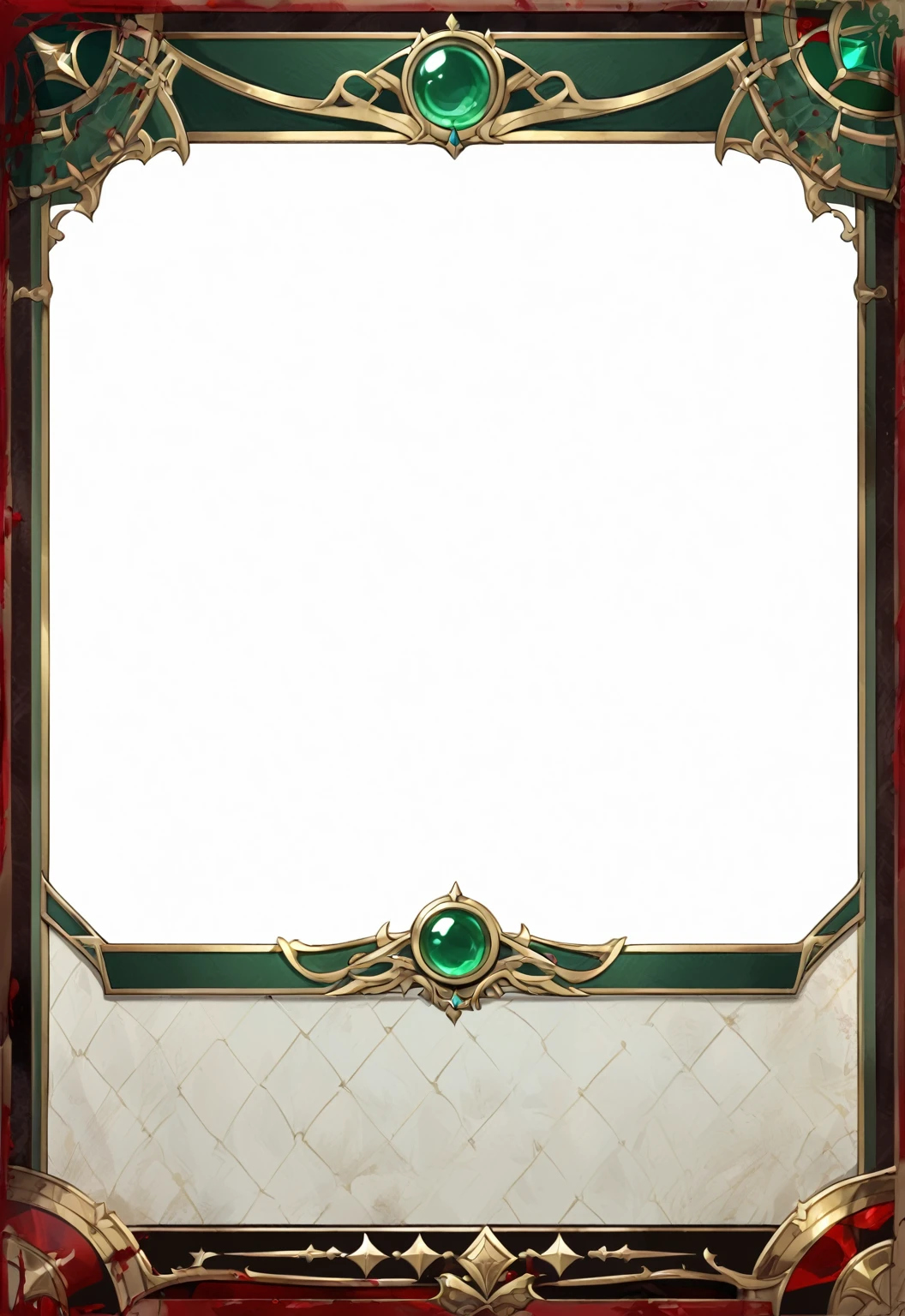 A card border UI,Medieval European aristocracy design,Noble and elegant dark style,There are blood stains on the parchment backing.。Deep Red、Emerald Green、Gold main tone。