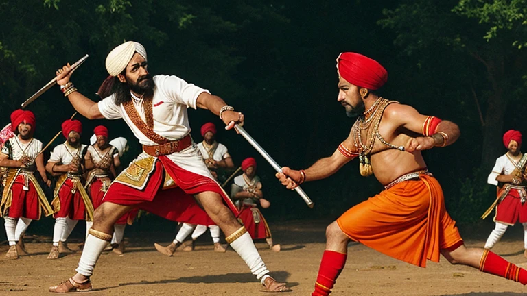Maharana Amar Singh is holding a spear in his hand. He is wearing a turban on his head. He is in Rajasthani attire. He is attacking the enemy with great force. The enemy is lying wounded in front of him. The enemy is a Mughal soldier.