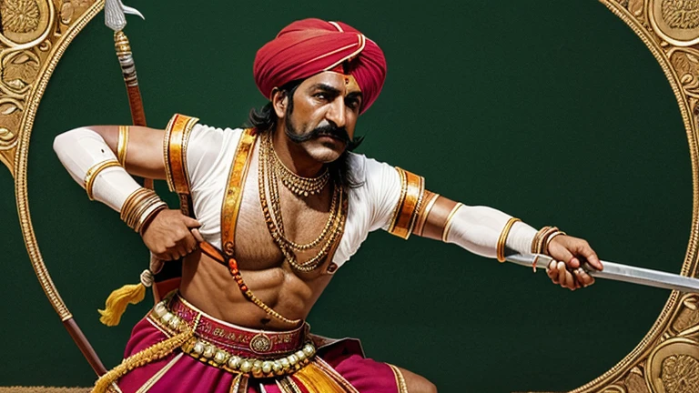 Maharana Amar Singh is holding a spear in his hand. He is wearing a turban on his head. He is in Rajasthani attire. He is attacking the enemy with great force. The enemy is lying wounded in front of him. The enemy is a Mughal soldier.