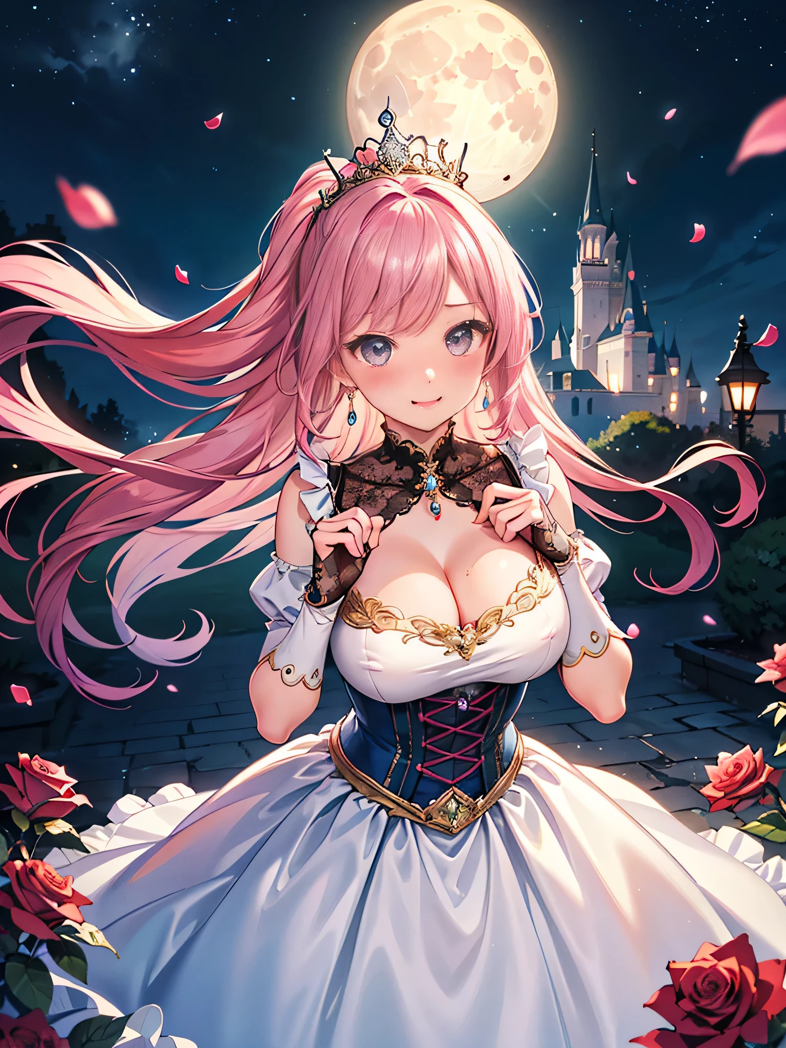 Moe anime art style:1.2 ,masterpiece ,Highest quality ,Very detailed ,High resolution ,Super detailed ,Very delicate and beautiful ,best quality ,very aesthetic ,upper body ,looking up ,from front ,leaning forward ,from above,A young-looking princess ,Beautiful Eyes ,Embarrassed look ,A seductive face ,Beautiful Lips ,(Hair blowing in the wind ,Pink Hair ,Fluffy ponytail ,Curly Hair ,Expressive hair ,Very voluminous long hair ,Sparkling Hair) ,A silver tiara with glittering ornaments and sparkling jewels ,Crystal earrings with glittering gold embellishments ,A very luxurious jeweled hair ornament ,A long, beautifully embroidered veil ,(A voluminous pink full-length hoop skirt with gorgeous ruffles, adorned with intricate and beautiful embellishments and luxurious jewels. ,((crinoline)) ,Very detailed lace ,A gorgeous, detailed, embroidered and jeweled pink rococo princess ball gown dress.) ,Silk gloves ,Open chest ,Textured skin ,Sweat on the skin ,Emphasized cleavage ,Super huge breasts ,Nipples ,She is holding up her skirt with her left hand ,The tip of the index finger of the extended right hand is in front of the lower lip. ,(Shining Light ,Fantasy ,European Castle Gardens ,Beautiful rose flowerbed ,Clear night sky outdoors ,Shining Moon) ,beautiful flower々 ,Fluttering petals ,Petals flowing