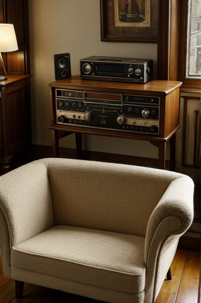 mostrar y un sillon antiguo con un radio antiguo a un lado del brazo del sillon