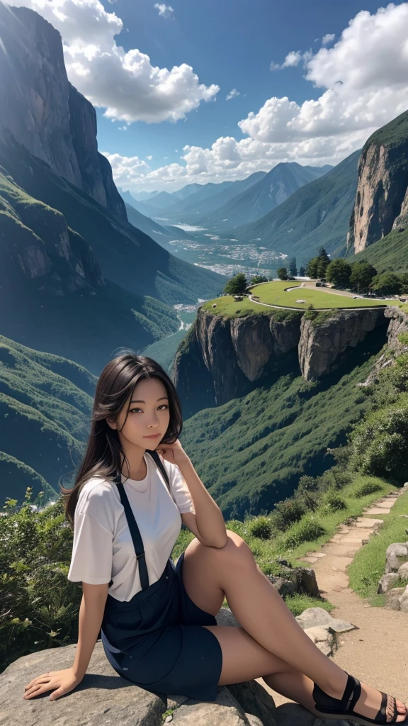 A scenic view of a mountain with a beautiful woman sitting in the foreground. The mountain is lush with greenery, and the sky above is clear with a few clouds. The woman is wearing casual yet stylish clothing, and she is sitting on a rock or a bench, looking relaxed and content. The overall atmosphere is serene and picturesque
"size": "512x762" "HD"