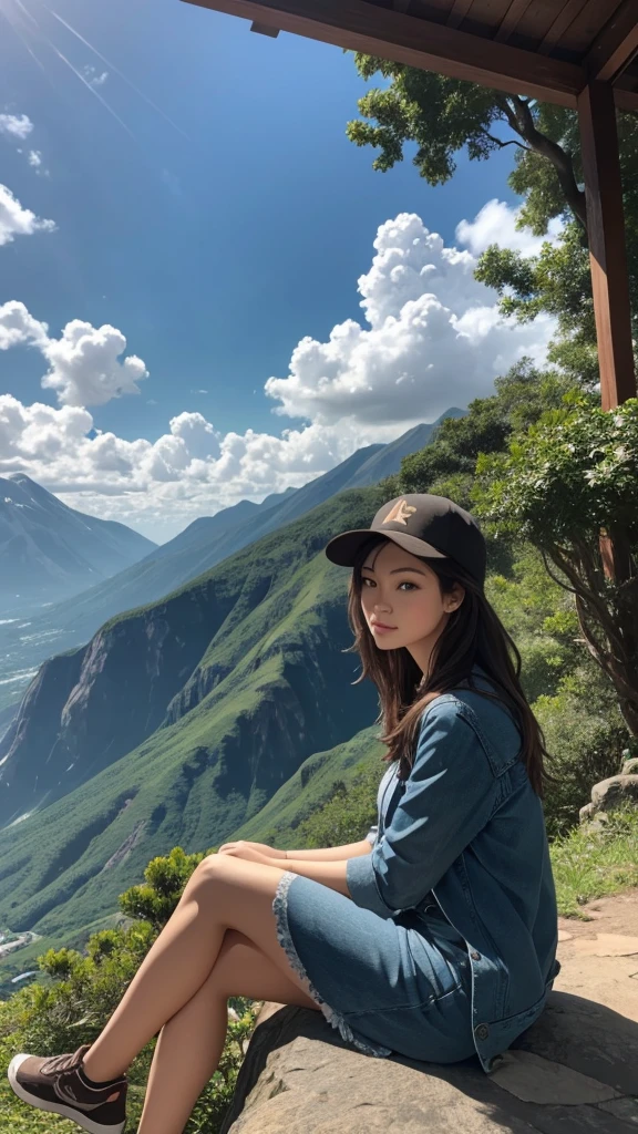 A scenic view of a mountain with a beautiful woman sitting in the foreground. The mountain is lush with greenery, and the sky above is clear with a few clouds. The woman is wearing casual yet stylish clothing, and she is sitting on a rock or a bench, looking relaxed and content. The overall atmosphere is serene and picturesque
  "size": "512x762" "HD"