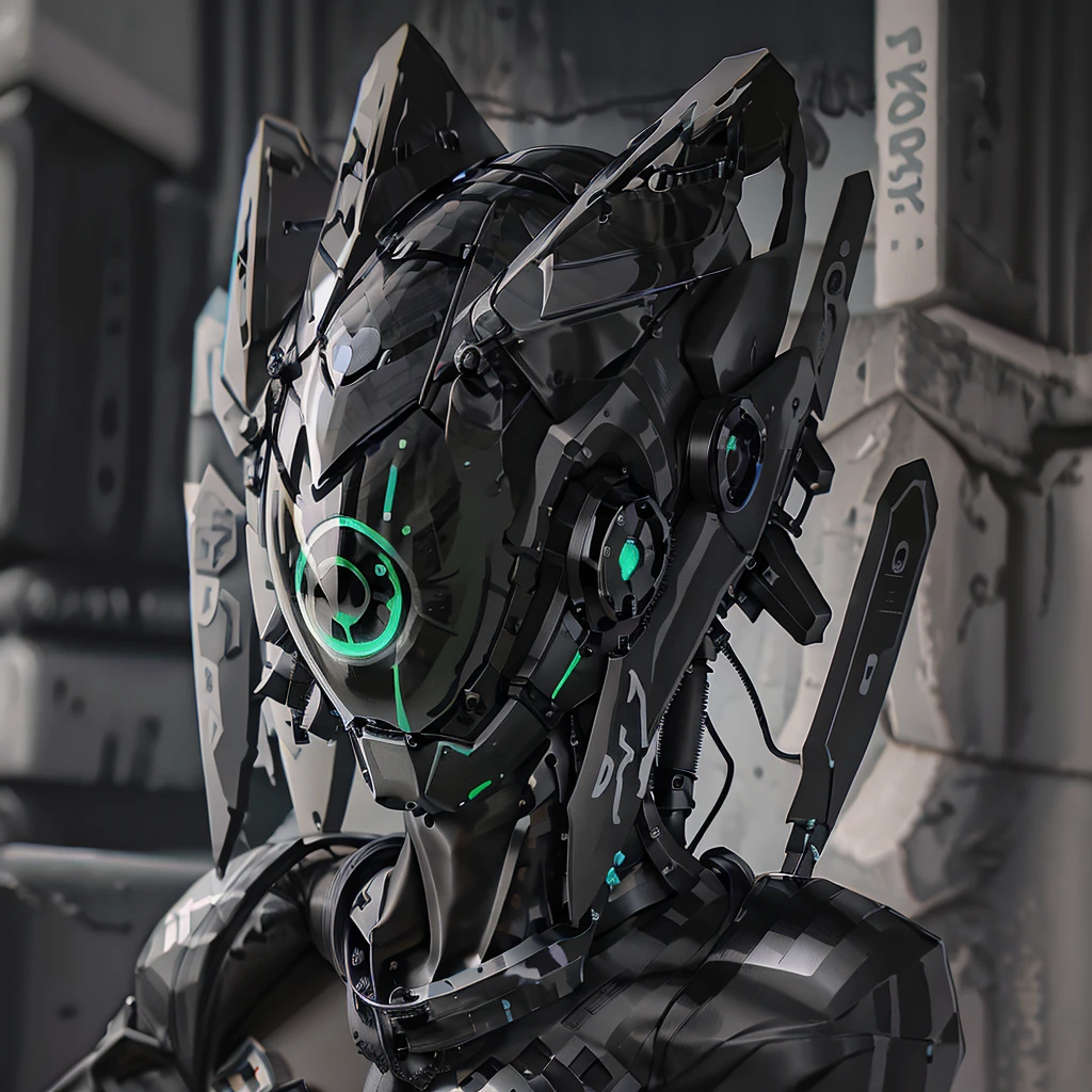 a girl with a full black cyborg body and cyber helmet, featuring sleek and high-tech components. She has short black hair, black eyes, and an angry expression. She is wearing a mecha helmet that partially obscures her face, with her polished mechanical limbs and torso emphasizing her intense emotions, (((black cyber helmet))), ((black cyber body)), ((black cyber headphone)),