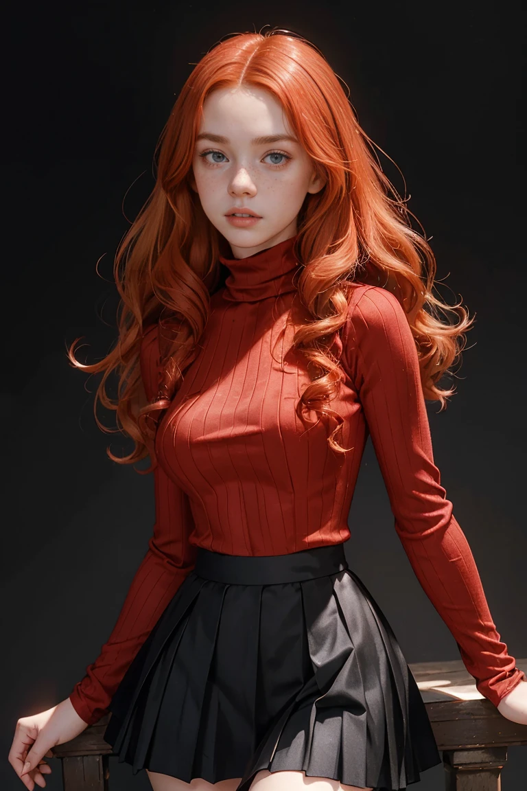 15 years old ginger girl, freckled face, face freckles, rosy, contemptuous look, 1 girl, solo, voluminous curly long red hair,pale skin, (((huge bust))), stand sexy pose, beautiful, ((pleated skirt)), ((black turtleneck)), cold palette, simple background
