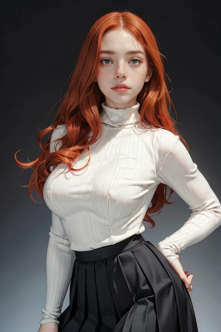  ginger girl, freckled face, face freckles, rosy, contemptuous look, 1 girl, solo, voluminous curly long red hair,pale skin, (((huge bust))), stand sexy pose, beautiful, ((pleated skirt)), ((black turtleneck)), cold palette, simple background
