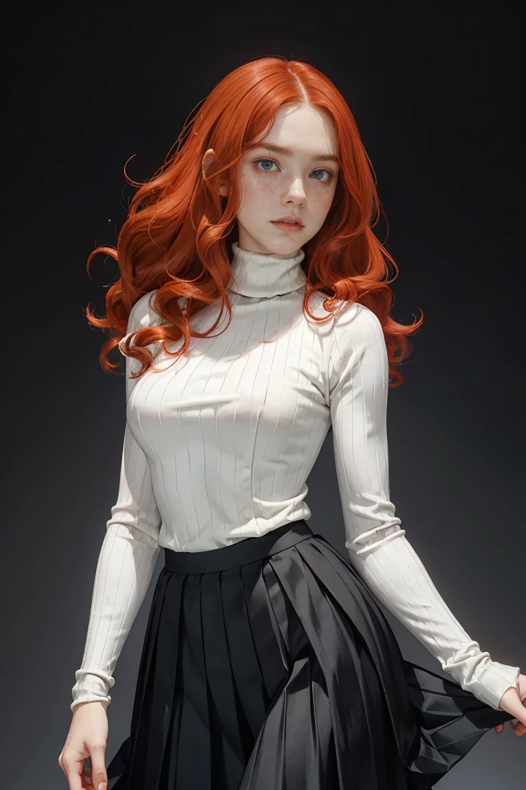 15 years old ginger girl, freckled face, face freckles, rosy, contemptuous look, 1 girl, solo, voluminous curly long red hair,pale skin, (((huge bust))), stand sexy pose, beautiful, ((pleated skirt)), ((black turtleneck)), cold palette, simple background
