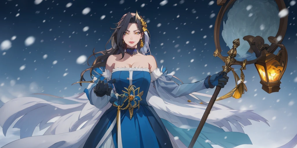 black hair, long hair, parted bangs, golden eyes, curvy, anatomically correct, heavy breathing, huge breasts, dress, 1girl, staff, solo, snowing, bare_shoulders, breasts, gloves, jewelry, holding_staff, snow, blue_dress, detached_sleeves, snowflakes, holding, strapless_dress, choker, strapless, looking_at_viewer, holding_staff, standing, "Photorealistic, Hyperrealistic, Hyperdetailed, analog style, soft lighting, subsurface scattering, realistic, heavy shadow, masterpiece, best quality, ultra realistic, 8k, golden ratio, Intricate, High Detail, film photography, soft focus", (shaded face:1.2), hollow eyes, golden eyes, lips, smirk, upper teeth, cheek,