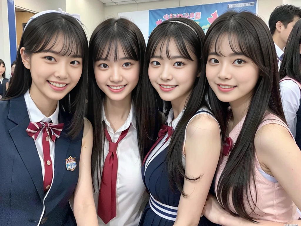 (A trio of super cute Korean high school girls take a photo together 1.2)(grin,Smile)(Beautiful Sweat:1.1)(16k, RAW Photos, Highest quality, masterpiece: 1.2),(Cute hairstyle with shiny black hair) Super detailed, Super Resolution, (Genuine, Genuine photos: 1.37), Portraiture, High-resolution RAW color photos, Professional photos, Very detailed, 8k wallpaper, Very detailed CG Unity 8k wallpaper, Very detailed beautiful girls, Very detailed faces, ((whole body)), beautiful woman, Huge breasts,(huge boobs:1.1) (Big Boobs:1.1), Beauty college student (A tight, girly, navy sleeveless  with ribbon.),high school girl, Korean Girls,(K-POP Female Idols), (Idol-class beauty)(Beautiful high school girl:1.1)(High school girls sightseeing in Tokyo)(18-year-old)(Stylish school uniform-style outfit:1.1)(Group photo of the school trip:1.3)NSFW