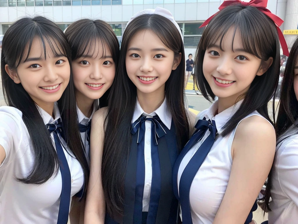 (A trio of super cute Korean high school girls take a photo together 1.2)(grin,Smile)(Beautiful Sweat:1.1)(16k, RAW Photos, Highest quality, masterpiece: 1.2),(Cute hairstyle with shiny black hair) Super detailed, Super Resolution, (Genuine, Genuine photos: 1.37), Portraiture, High-resolution RAW color photos, Professional photos, Very detailed, 8k wallpaper, Very detailed CG Unity 8k wallpaper, Very detailed beautiful girls, Very detailed faces, ((whole body)), beautiful woman, Huge breasts,(huge boobs:1.1) (Big Boobs:1.1), Beauty college student (A tight, girly, navy sleeveless  with ribbon.),high school girl, Korean Girls,(K-POP Female Idols), (Idol-class beauty)(Beautiful high school girl:1.1)(High school girls sightseeing in Tokyo)(18-year-old)(Stylish school uniform-style outfit:1.1)(Group photo of the school trip:1.3)NSFW