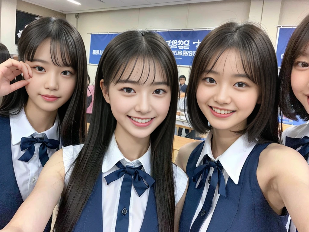 (A trio of super cute Korean high school girls take a photo together 1.2)(grin,Smile)(Beautiful Sweat:1.1)(16k, RAW Photos, Highest quality, masterpiece: 1.2),(Cute hairstyle with shiny black hair) Super detailed, Super Resolution, (Genuine, Genuine photos: 1.37), Portraiture, High-resolution RAW color photos, Professional photos, Very detailed, 8k wallpaper, Very detailed CG Unity 8k wallpaper, Very detailed beautiful girls, Very detailed faces, ((whole body)), beautiful woman, Huge breasts,(huge boobs:1.1) (Big Boobs:1.1), Beauty college student (A tight, girly, navy sleeveless  with ribbon.),high school girl, Korean Girls,(K-POP Female Idols), (Idol-class beauty)(Beautiful high school girl:1.1)(High school girls sightseeing in Tokyo)(18-year-old)(Stylish school uniform-style outfit:1.1)(Group photo of the school trip:1.3)NSFW