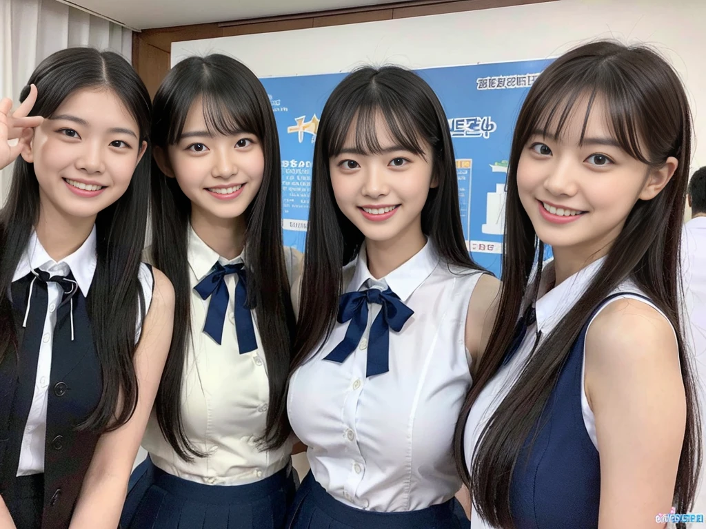 (A trio of super cute Korean high school girls take a photo together 1.2)(grin,Smile)(Beautiful Sweat:1.1)(16k, RAW Photos, Highest quality, masterpiece: 1.2),(Cute hairstyle with shiny black hair) Super detailed, Super Resolution, (Genuine, Genuine photos: 1.37), Portraiture, High-resolution RAW color photos, Professional photos, Very detailed, 8k wallpaper, Very detailed CG Unity 8k wallpaper, Very detailed beautiful girls, Very detailed faces, ((whole body)), beautiful woman, Huge breasts,(huge boobs:1.1) (Big Boobs:1.1), Beauty college student (A tight, girly, navy sleeveless  with ribbon.),high school girl, Korean Girls,(K-POP Female Idols), (Idol-class beauty)(Beautiful high school girl:1.1)(High school girls sightseeing in Tokyo)(18-year-old)(Stylish school uniform-style outfit:1.1)(Group photo of the school trip:1.3)NSFW