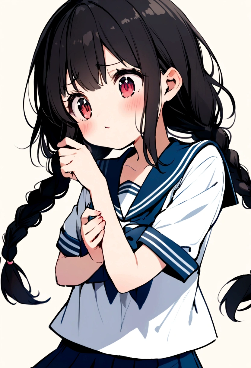 Long black hair, two braids, sailor suit, jitters, loli, short, cute,